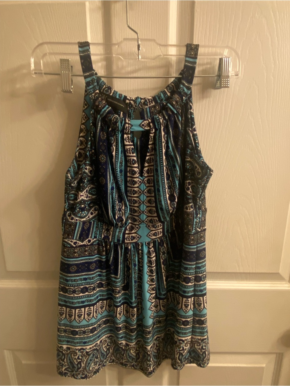 Inc stylish halterish Blue Black Turquoise print keyhole empire modern top